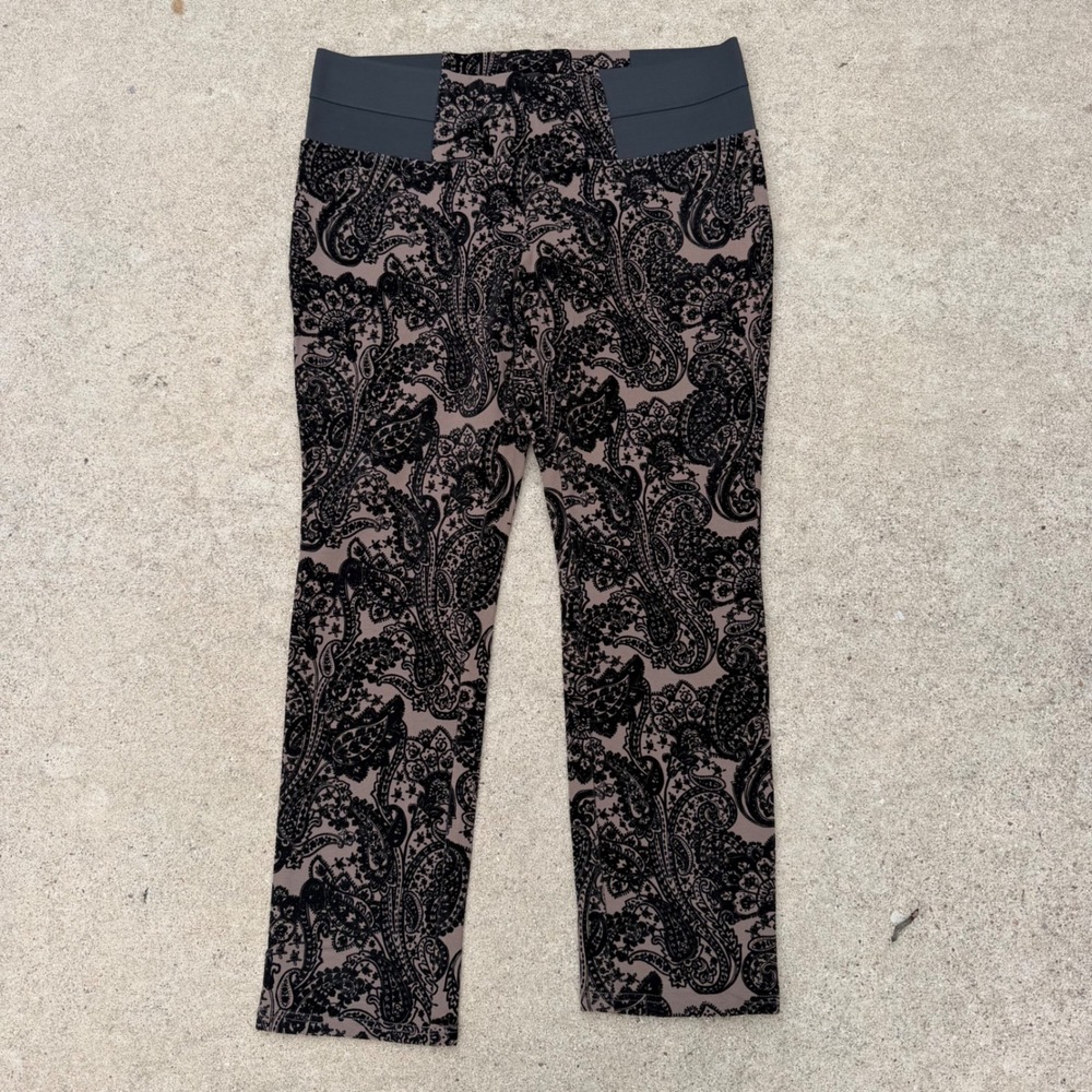 Signature Studio Pants Womens XL Brown Black Paisley Flocked Velvet Stretch Chic